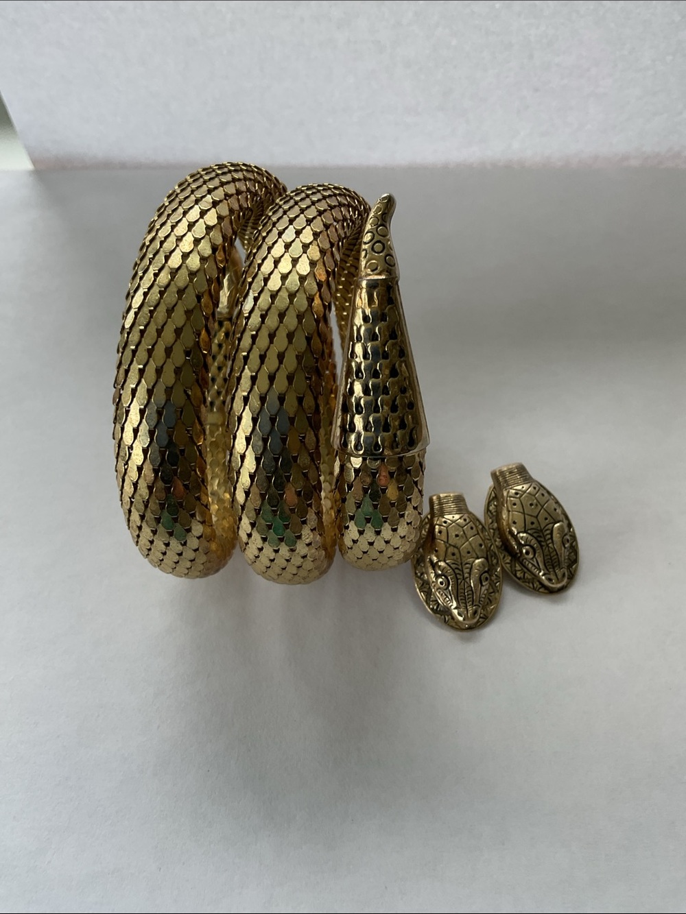 VTG Gold Mesh Snake Coil Whiting and Davis Bracelet & Clip Earrings Signed SET - Picture 9 of 9